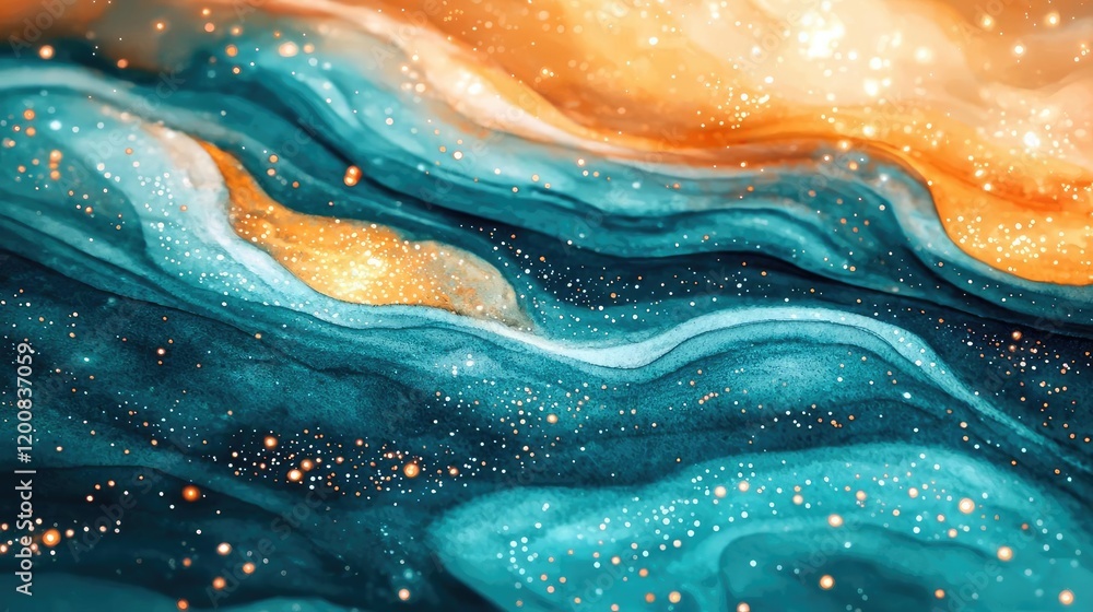 Poster galaxy watercolor idea. a vibrant abstract pattern with flowing waves and sparkling details in teal 