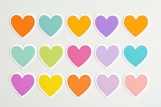 This vibrant set of heart-shaped stickers features various colors, ideal for designers, artists, and craft enthusiasts to enhance their creative projects and decorations