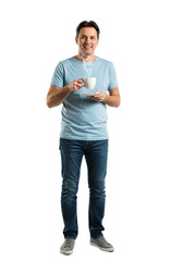 Smiling Man Enjoying Hot Coffee Break Casual Jeans Blue Shirt Cup Tea Male Shot Happy Drink Adult   
