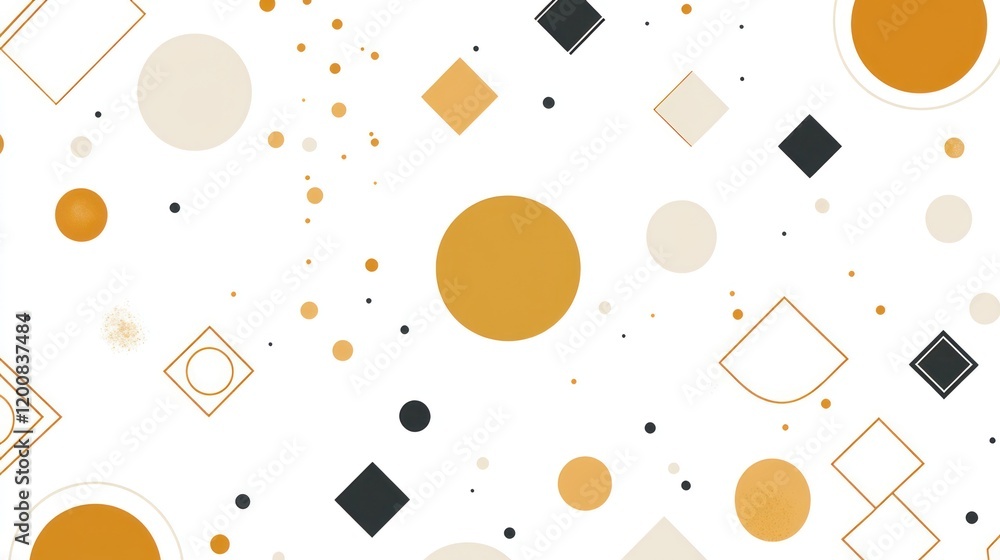 Poster abstract geometric pattern with circles, squares, and dots on white background.