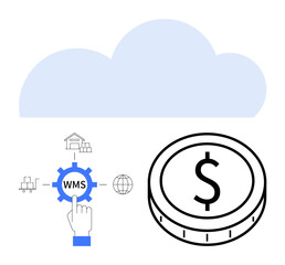 Cloud graphic, WMS gear with connected logistics icons, hand selecting gear, and coin. Ideal for logistics, supply chain, automation, finance, efficiency cloud services abstract line flat metaphor