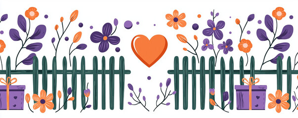 Obraz premium Simple Nature Inspired Layout, Floral design with heart and fence, featuring vibrant flowers and gifts