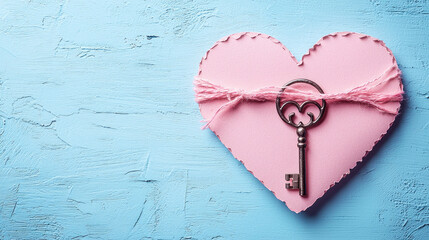Pink Heart with Vintage Key on Blue Rustic Background for Love Concept