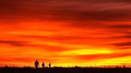 Fototapeta premium Family Silhouette at Fiery Sunset Prairie