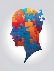 Conceptual illustration of a human head in profile view merged with jigsaw puzzle pieces, symbolizing cognitive psychology, mental health, brain function, and the process of problem-solving in a creat