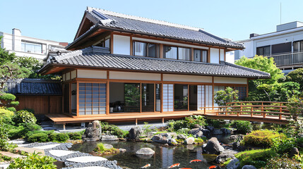 Fototapeta premium Japanese Inspired House with Serene Garden and Clear Blue Sky