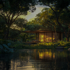 Obraz premium Eco-friendly bungalow by a tranquil lake, surrounded by lush greenery and bathed in warm morning sunlight