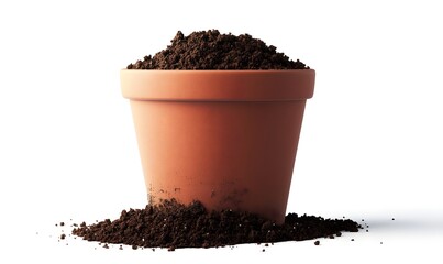 Terracotta pot filled with dark brown soil against white background.