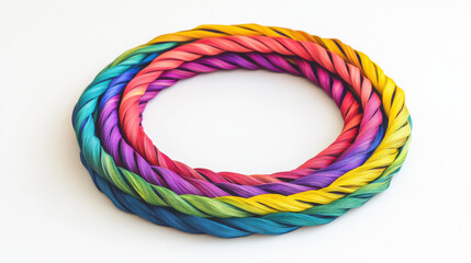 A perfectly symmetrical spiral of bright rainbow ribbons, arranged in a circular pattern with soft highlights and precise edges, minimalist white background