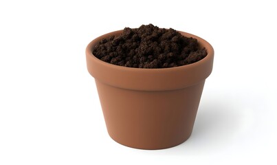 Terracotta pot filled with dark brown soil, isolated on white.
