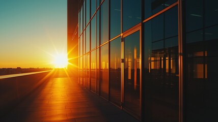 Modern office with panoramic glass walls, a view of the city sunset, reflective floors, and an urban atmosphere.