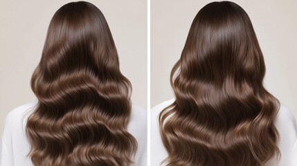 Beautiful model girl with Brown hair strand,silky healthy chestnut wavy hair strand,hair wavy ribbon, with smooth,Keratin straightening,Treatment,straight long hair,procedures,Smooth hairstyle.