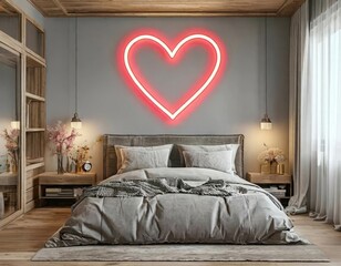 A bedroom with a neon heart on the wall                                                                          