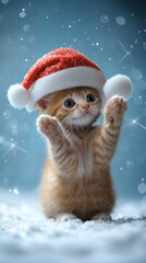 Adorable Ginger Kitten Wearing Santa Hat Celebrating Christmas Joy