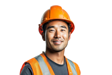 Portrait of a diligent, smiling fit and muscular Asian worker wearing safety gear, isolated on transparent background, cut out