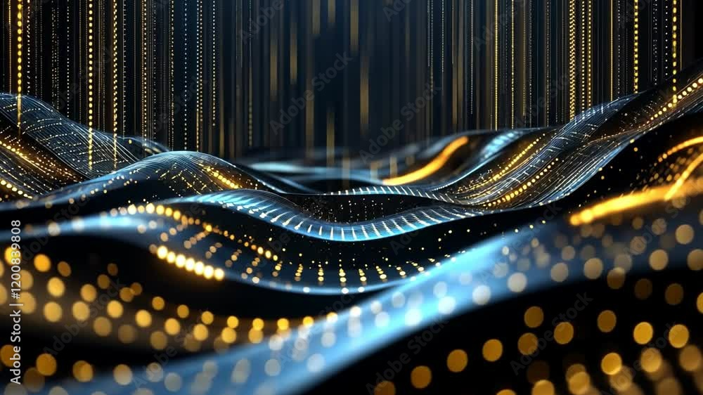 Poster abstract representation of flowing digital waves with glowing particles and lines.