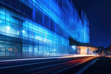 Night cityscape Illuminated glass building, blurred traffic, urban background, corporate use