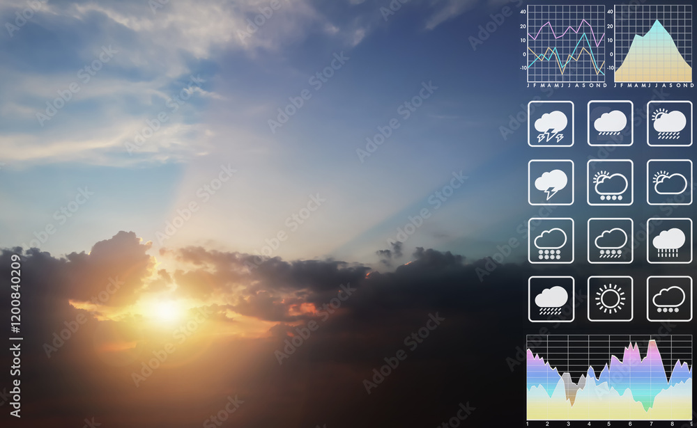 Wall mural weather forecast symbol data presentation with graph and chart on dramatic atmosphere panorama view 