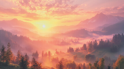 Obraz premium Breathtaking sunset over majestic mountain range with lush forest in foreground dramatic colors serene landscape natures beauty peaceful atmosphere outdoor adventure scenic viewpoint