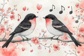 Delicate line art of love birds sits among blooming cherry blossoms and floating music notes, all on a soft pastel watercolor background, ideal for fabric and wrapping paper