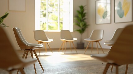 Thoughtful Empty Therapy Room with Chairs Arranged for Group Sessions
