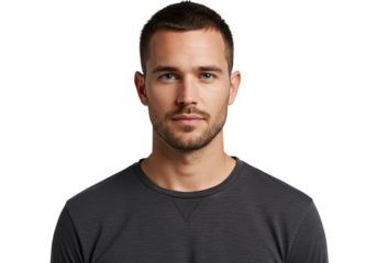 Portrait Serious Young Man Dark Hair Casual TShirt Studio Background guy men male face look model   