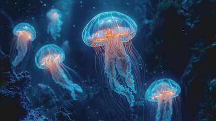 Obraz premium Jellyfish floating gracefully in the deep blue sea underwater marine life ocean environment colorful creatures ethereal beauty aquatic habitat natures artistry tranquil scene mystical