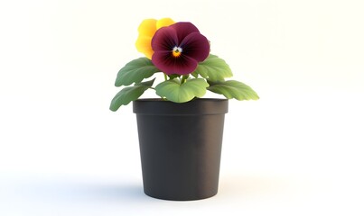 Two-toned pansies in a black pot on white background.