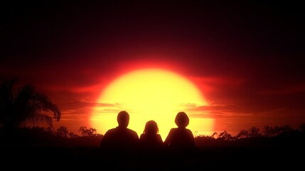 Fototapeta premium Family Silhouettes at Sunset, Peaceful Golden Hour