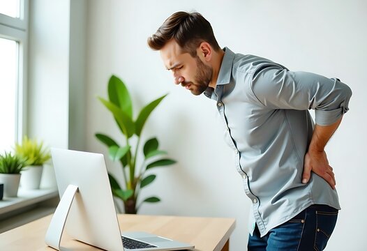A tired man feels a muscle spasm and intense back pain after working at a computer in office for a long time