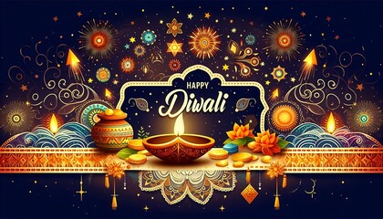 An illustration of "Happy Diwali" greeting banner with Diwali decorations include a lit lamp with text 
 adorned with fireworks at night sky background