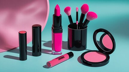 3D vector illustration of a makeup cosmetic concept in vibrant cartoon style, showcasing lipstick, eyeliner, face powder, and professional beauty brushes

