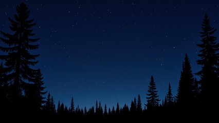Fototapeta premium A tranquil midnight scene under a starlit, deep-blue sky. Tall pines stand as dark silhouettes above a line of smaller trees, evoking serene solitude in nature's embrace. 