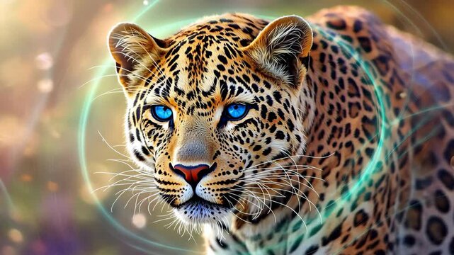 The vibrant swirl of neon colors surrounding the majestic leopard creates an enchanting and immersive visual experience, drawing viewers in with its dynamic energy and captivating beauty