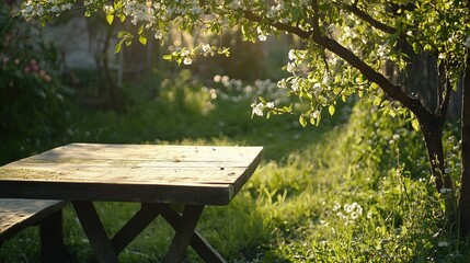 Naklejka premium Lush Spring Garden Scene with Green Foliage and Flowering Plants