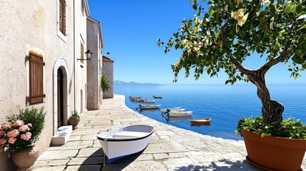 Fototapeta premium Coastal Village in Summer Sunlight