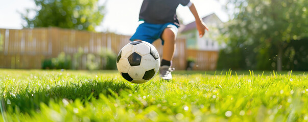 child plays soccer on sunny backyard lawn, enjoying game