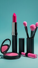 3D vector illustration of a makeup cosmetic concept in vibrant cartoon style, showcasing lipstick, eyeliner, face powder, and professional beauty brushes

