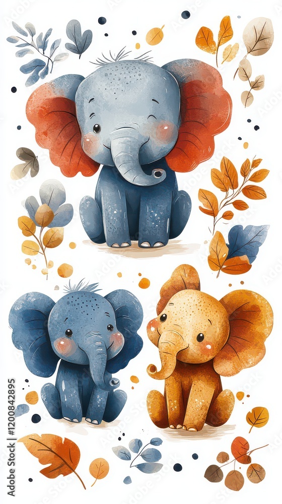 Wall mural Three cute cartoon elephants with autumn leaves.