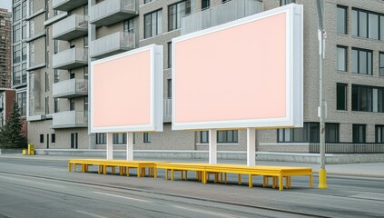 Obraz premium Apartment building background with a blank pink billboard framed against cozy decor.