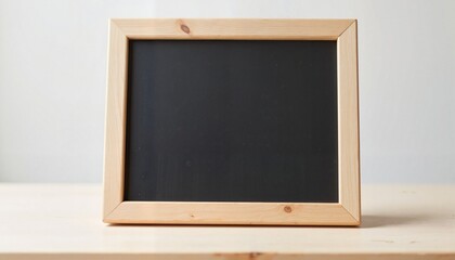 Blank wooden frame blackboard placed elegantly on a rustic wooden table in a cozy setting.