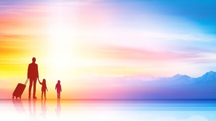 Father and Children Departing on a Family Trip at Sunset