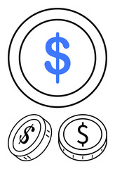 Coins with bold dollar sign emphasizing monetary value. Ideal for finance, commerce, savings, investments, banking, wealth, and economic growth themes. Abstract line flat metaphor