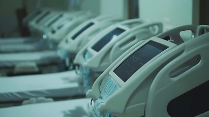 Hospital beds equipped with respiratory devices in a medical facility, showcasing advanced healthcare technology and critical care support for patients in need