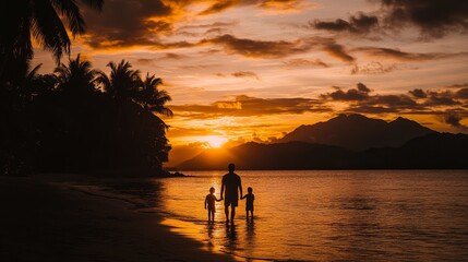 Father and Sons Silhouette at Sunset Beach