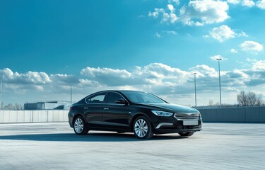 Naklejka premium Sleek Black Sedan Under a Bright Blue Sky
