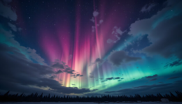Vivid aurora borealis display with pink and green lights over a dark landscape.