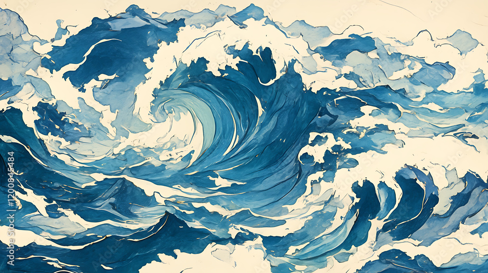 Aufkleber dynamic blue ocean waves crashing with swirling patterns, evoking a sense of motion and tranquility