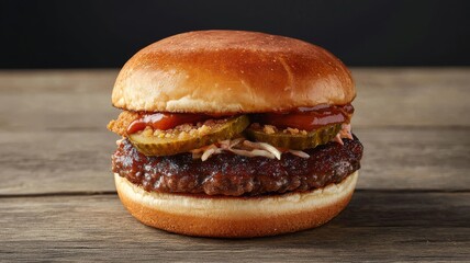 Delicious burger creation gourmet restaurant food photography rustic setting close-up culinary delight