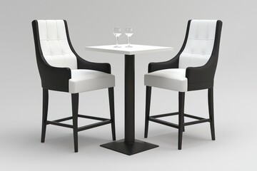 Monochrome bar furniture setup with high chairs and a clean design.